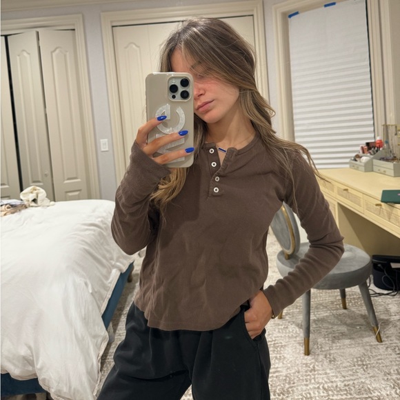 Brandy Melville Tops - Brandy Melville Brown Cotton Long Sleeve Top with Buttons